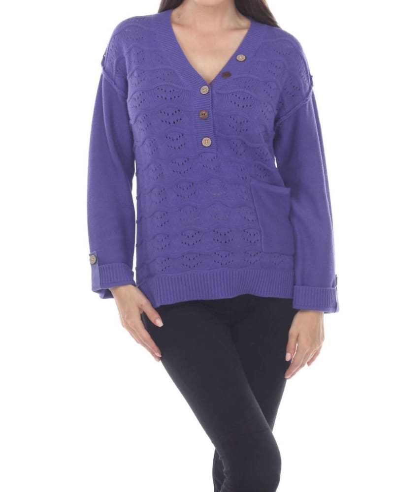 Front of a model wearing a size L Infinity Pullover in Iris in Iris by Pure Knits. | dia_product_style_image_id:334179